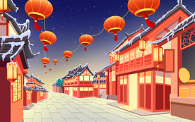 国潮插画街道古代建筑背景