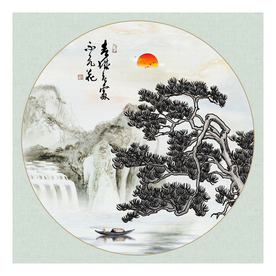 水墨山水小船松树背景墙图片