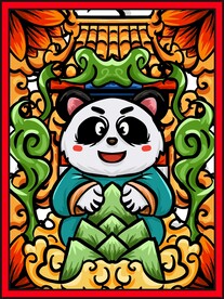 手绘国潮熊猫插画