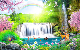 樱花树瀑布风景背景墙