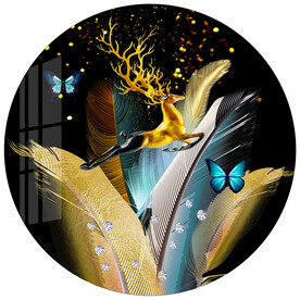 北欧现代麋鹿羽毛轻奢圆形装饰画