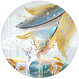 金色羽毛麋鹿轻奢圆形装饰画