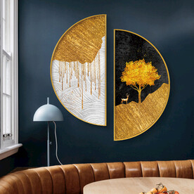 轻奢金色发财树圆形装饰画