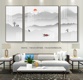 客厅壁画沙发背景画三联画水墨画