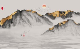 新中式金色山水风景国画背景墙