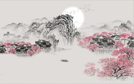新中式水墨山水民居国画背景墙