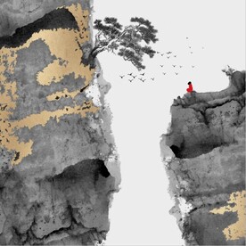 新中式金色水墨禅僧风景装饰画