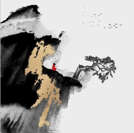 新中式金色水墨禅僧风景装饰画