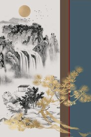 新中式金色水墨山水风景玄关装饰