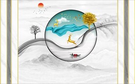 金色麋鹿圆形装饰画图片背景墙