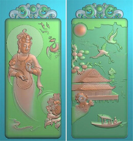 山水松鹤观音牌两面