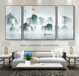 水墨山水画客厅装饰画三联画挂画