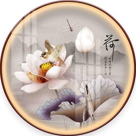 手绘工笔荷花圆形装饰画图片