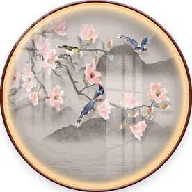新中式手绘工笔花鸟圆形装饰画图