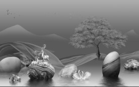 麋鹿新山水意境画 文件分层画