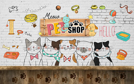 砖墙可爱猫咪宠物店工装背景墙