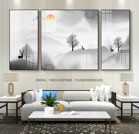 水墨风客厅装饰画床头挂画三联画