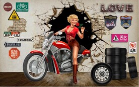 欧美风3D墙洞摩托车美女背景墙