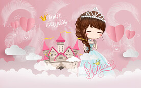 粉色城堡公主羽毛儿童房背景墙