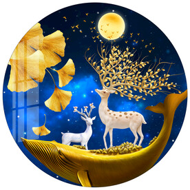 金色银杏叶麋鹿圆形装饰画