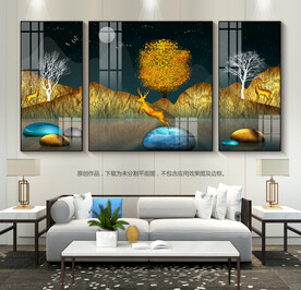 金色石来运转客厅装饰画三联画