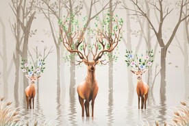 北欧森林麋鹿卡通背景墙壁画