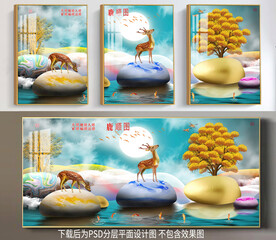 高清鹅卵石梅花鹿三联装饰画