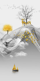 装饰画 晶瓷画 鹿 船