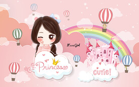 可爱公主热气球城堡儿童房背景墙