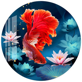 荷花孔雀鱼圆形装饰画