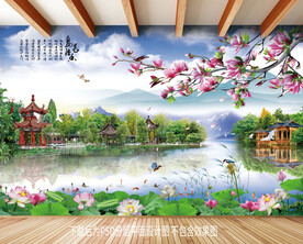 玉兰荷花湖光风景背景墙