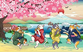 浮世绘樱花招财猫日本料理背景墙