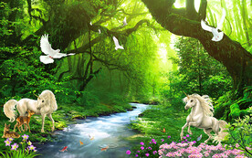 绿色森林独角兽电视背景墙