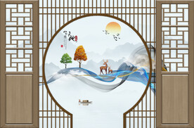 山水情屏风麋鹿背景墙