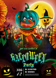 万圣节夜晚墓地蝙蝠蓝瓜灯艺术字