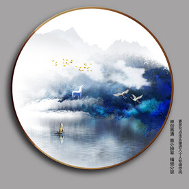 抽象唯美蓝色山水圆形装饰画