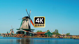 短视频素材河边的风车磨坊