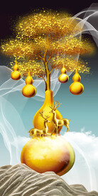 石来运转麋鹿山水葫芦玄关装饰画