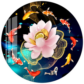 浮雕荷花九鱼图圆形装饰画