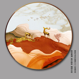 抽象简约橙色线条麋鹿圆形山水