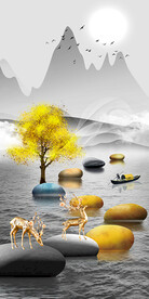 石来运转麋鹿山水玄关装饰画