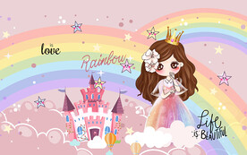 可爱卡通公主彩虹儿童房背景墙