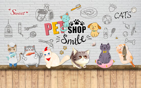 可爱卡通猫咪木板白砖墙背景墙