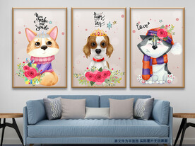 卡通狗狗萌宠花朵无框画