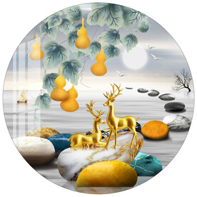 金色抽象葫芦轻奢麋鹿圆形装饰画