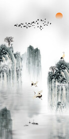 装饰画 新中式 水墨山水画 鸟