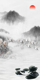 装饰画 水墨山水画 白鹤 黑石