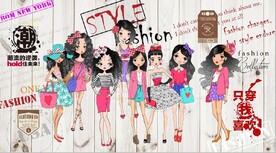 欧美风美女少女服装店背景墙壁画