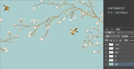 中式花鸟手绘电视背景墙纸壁画