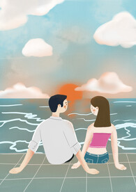 情侣海边看日落插画